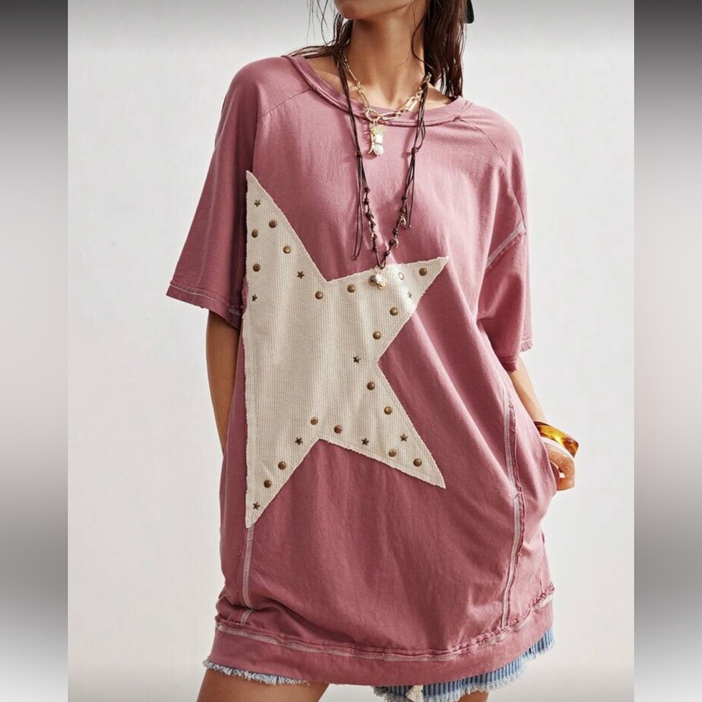 Pink Star Embellished Women's Top t-shirt short sleeve patchwork white